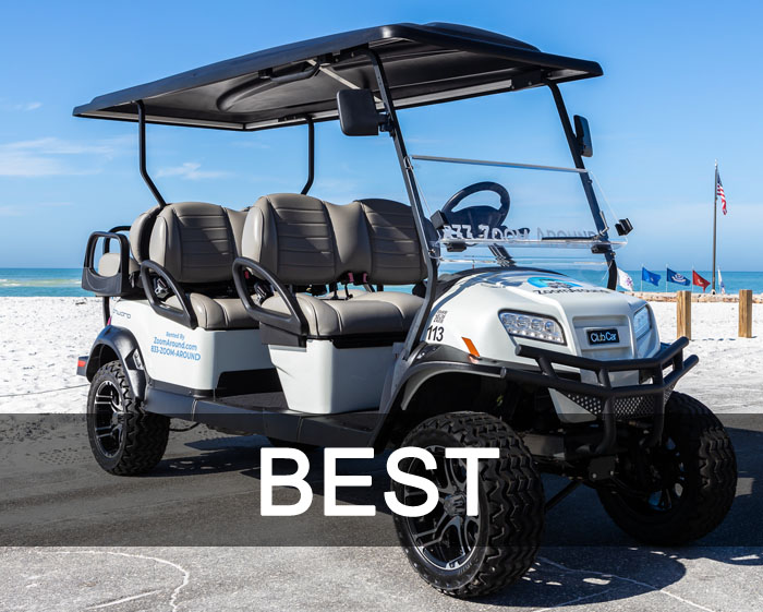 A white golf cart with the word " best " written on it.